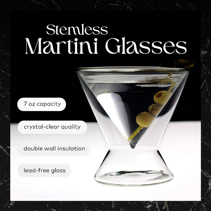 Set of two crystal-clear 7-ounce stemless martini glasses with double-wall insulated construction for cocktails, espresso martinis, and spirits.