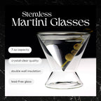 Set of two crystal-clear 7-ounce stemless martini glasses with double-wall insulated construction for cocktails, espresso martinis, and spirits.