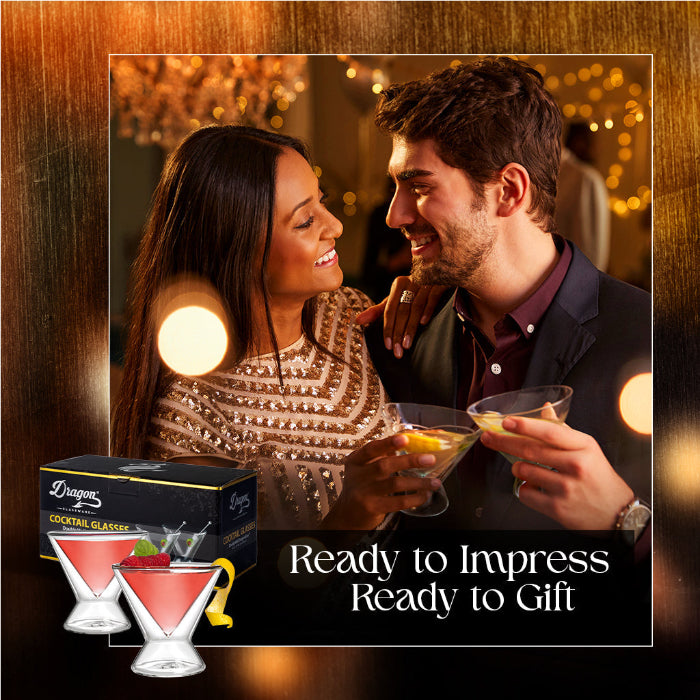 Set of two crystal-clear 7-ounce stemless martini glasses with double-wall insulated construction for cocktails, espresso martinis, and spirits.