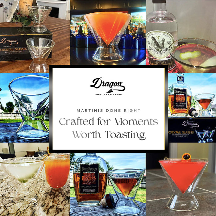 Set of two crystal-clear 7-ounce stemless martini glasses with double-wall insulated construction for cocktails, espresso martinis, and spirits.