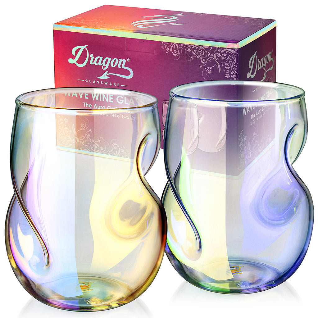 Set of two 16-ounce iridescent stemless wine glasses with a sparkling finish, curved finger indentations, and a unique shape designed to naturally aerate wine.