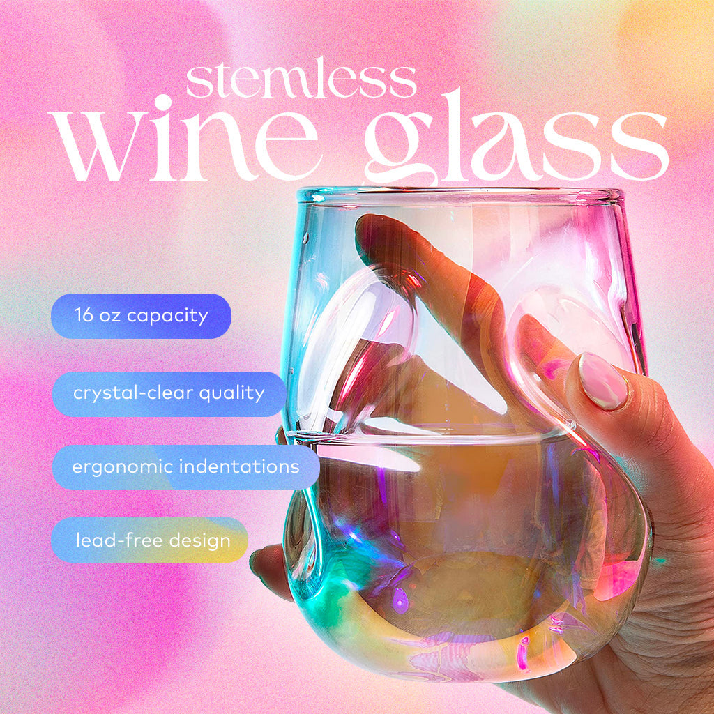 Set of two 16-ounce iridescent stemless wine glasses with a sparkling finish, curved finger indentations, and a unique shape designed to naturally aerate wine.