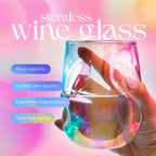 Set of two 16-ounce iridescent stemless wine glasses with a sparkling finish, curved finger indentations, and a unique shape designed to naturally aerate wine.