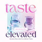Set of two 16-ounce iridescent stemless wine glasses with a sparkling finish, curved finger indentations, and a unique shape designed to naturally aerate wine.
