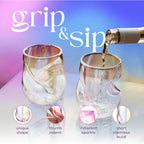 Set of two 16-ounce iridescent stemless wine glasses with a sparkling finish, curved finger indentations, and a unique shape designed to naturally aerate wine.