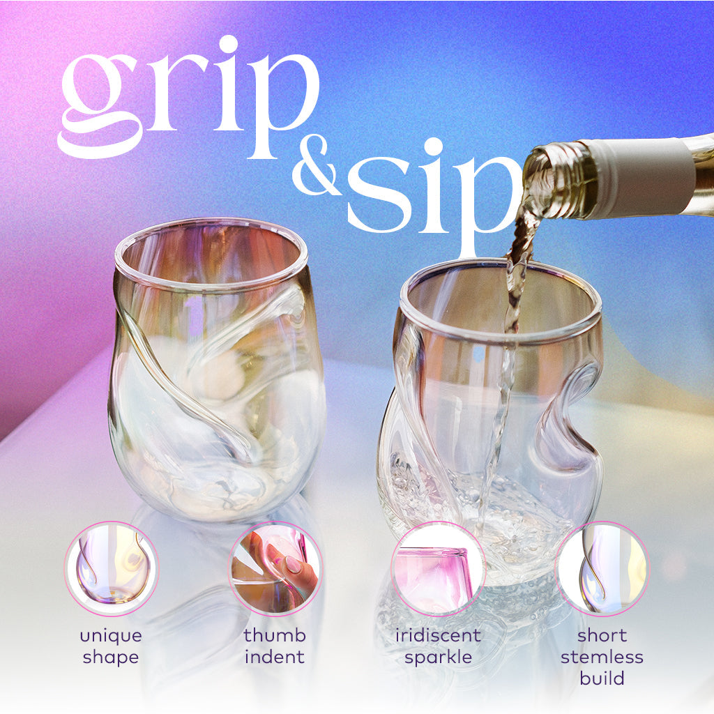 Set of two 16-ounce iridescent stemless wine glasses with a sparkling finish, curved finger indentations, and a unique shape designed to naturally aerate wine.
