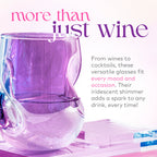 Set of two 16-ounce iridescent stemless wine glasses with a sparkling finish, curved finger indentations, and a unique shape designed to naturally aerate wine.