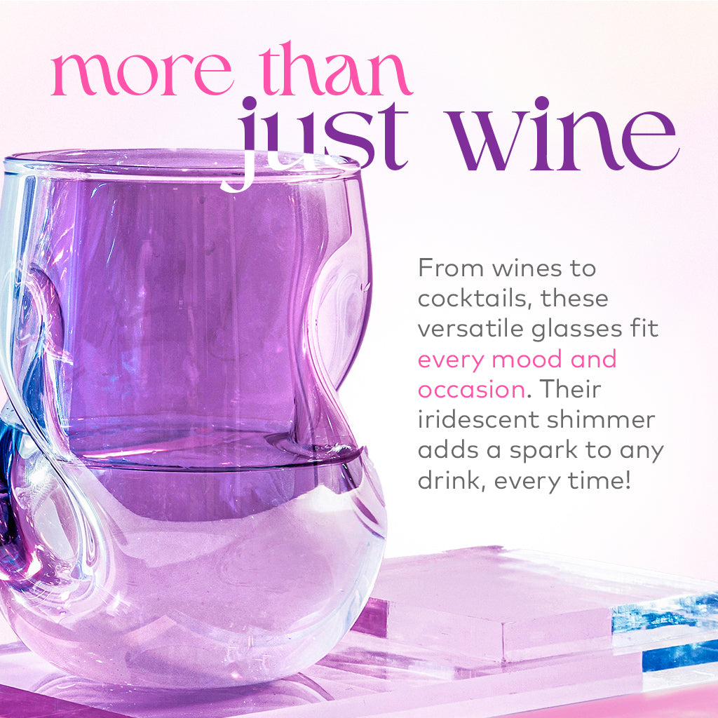 Set of two 16-ounce iridescent stemless wine glasses with a sparkling finish, curved finger indentations, and a unique shape designed to naturally aerate wine.