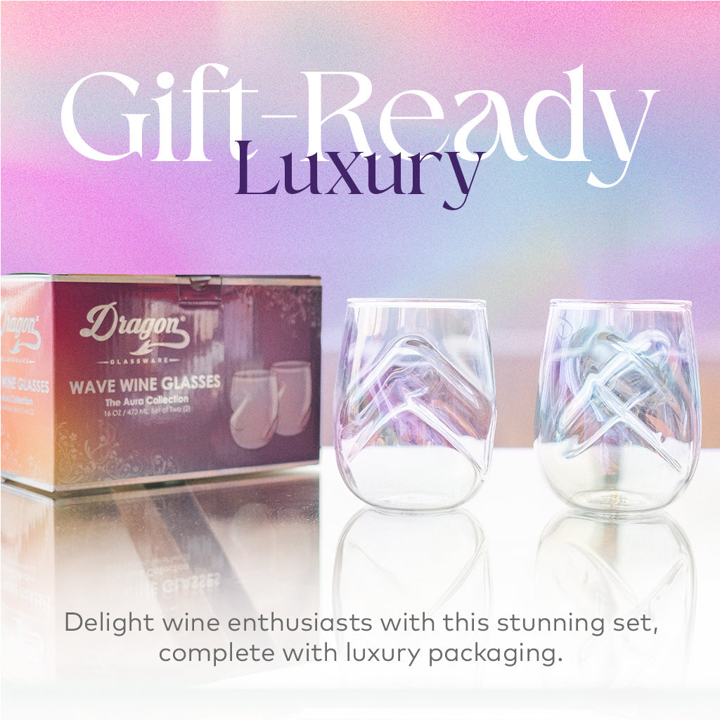 Set of two 16-ounce iridescent stemless wine glasses with a sparkling finish, curved finger indentations, and a unique shape designed to naturally aerate wine.