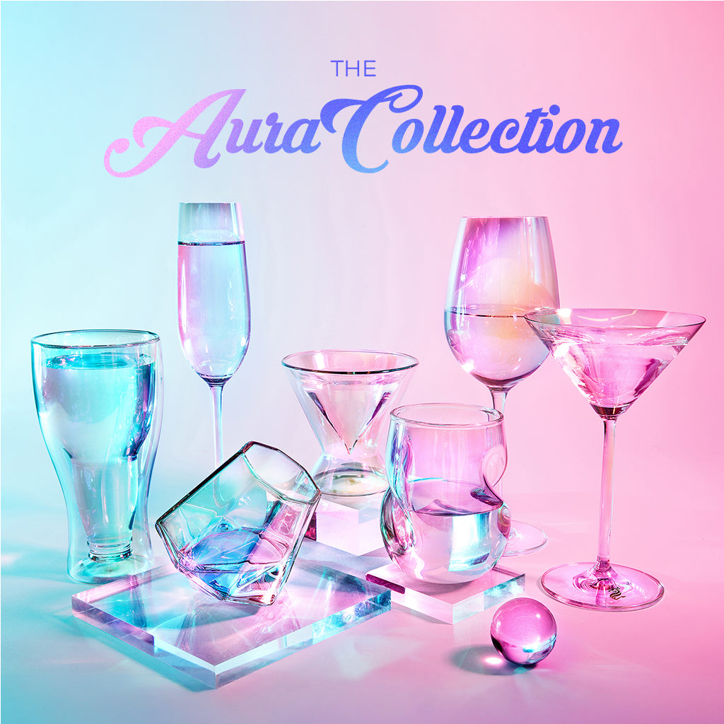 Set of two 16-ounce iridescent stemless wine glasses with a sparkling finish, curved finger indentations, and a unique shape designed to naturally aerate wine.