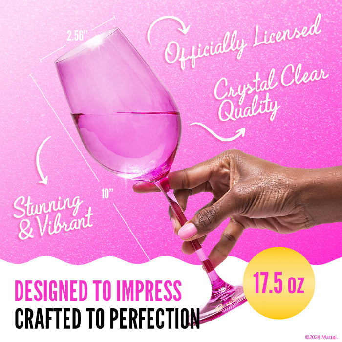 Set of two Barbie™ x Dragon Glassware® 17.5 oz stemmed wine glasses in pink and magenta with signature Barbie™ logos on the bases and coordinating pink gift box.