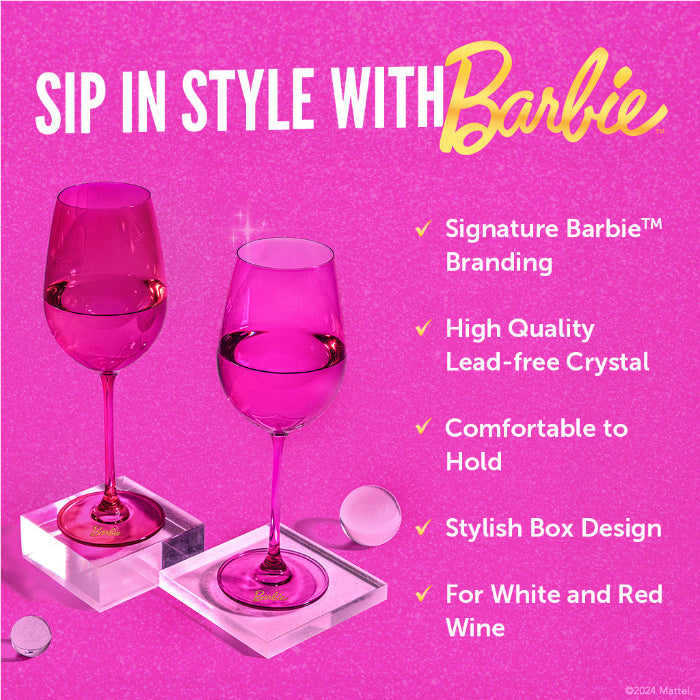 Set of two Barbie™ x Dragon Glassware® 17.5 oz stemmed wine glasses in pink and magenta with signature Barbie™ logos on the bases and coordinating pink gift box.