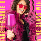 Set of two Barbie™ x Dragon Glassware® 17.5 oz stemmed wine glasses in pink and magenta with signature Barbie™ logos on the bases and coordinating pink gift box.