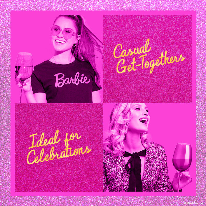 Set of two Barbie™ x Dragon Glassware® 17.5 oz stemmed wine glasses in pink and magenta with signature Barbie™ logos on the bases and coordinating pink gift box.