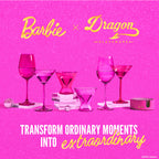Set of two Barbie™ x Dragon Glassware® 17.5 oz stemmed wine glasses in pink and magenta with signature Barbie™ logos on the bases and coordinating pink gift box.