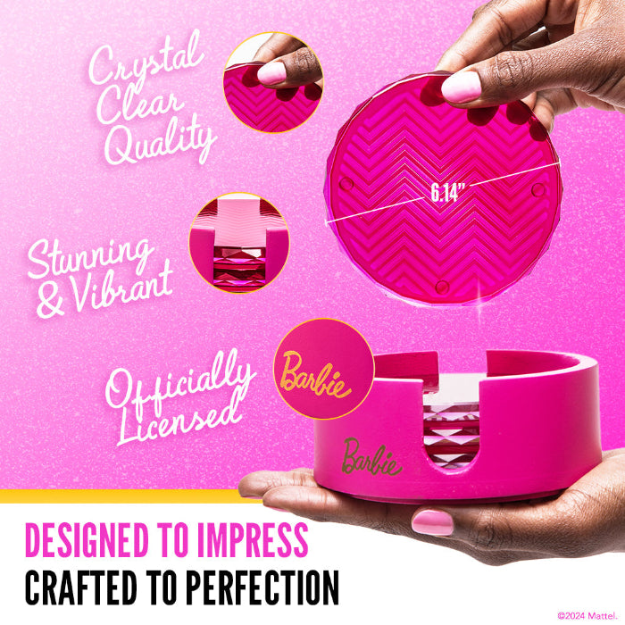 Set of four pink Barbie™ x Dragon Glassware® faceted crystal glass coasters displayed in a matching pink holder with Barbie™ logo and gift box.