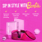 Set of four pink Barbie™ x Dragon Glassware® faceted crystal glass coasters displayed in a matching pink holder with Barbie™ logo and gift box.