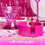 Set of four pink Barbie™ x Dragon Glassware® faceted crystal glass coasters displayed in a matching pink holder with Barbie™ logo and gift box.