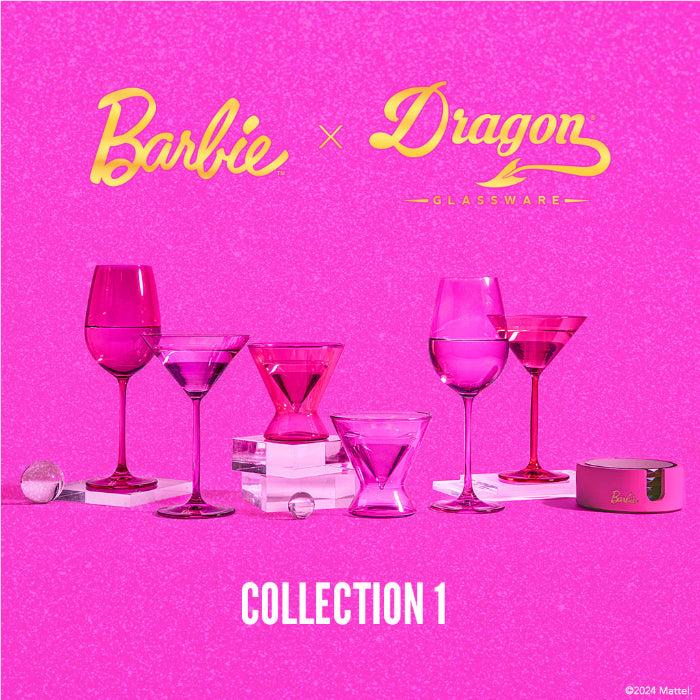 Set of four pink Barbie™ x Dragon Glassware® faceted crystal glass coasters displayed in a matching pink holder with Barbie™ logo and gift box.