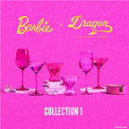 Set of four pink Barbie™ x Dragon Glassware® faceted crystal glass coasters displayed in a matching pink holder with Barbie™ logo and gift box.