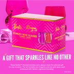 Two Barbie™ x Dragon Glassware® 16-ounce stemless wine glasses in pink and magenta with sculptural curved sides, displayed in front of a bright pink Barbie™ gift box.