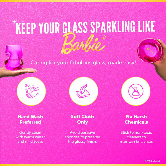 Two Barbie™ x Dragon Glassware® 16-ounce stemless wine glasses in pink and magenta with sculptural curved sides, displayed in front of a bright pink Barbie™ gift box.