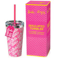 Barbie™ x Dragon Glassware® 16-ounce insulated stainless steel travel tumbler with removable lid and two reusable straws, including one pink and one clear straw.