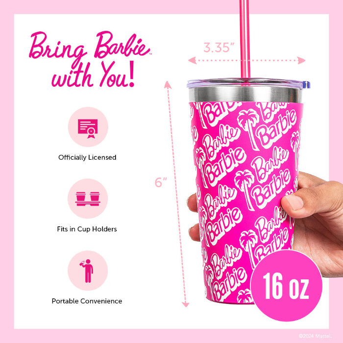 Barbie™ x Dragon Glassware® 16-ounce insulated stainless steel travel tumbler with removable lid and two reusable straws, including one pink and one clear straw.