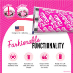 Barbie™ x Dragon Glassware® 16-ounce insulated stainless steel travel tumbler with removable lid and two reusable straws, including one pink and one clear straw.