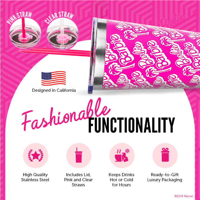 Barbie™ x Dragon Glassware® 16-ounce insulated stainless steel travel tumbler with removable lid and two reusable straws, including one pink and one clear straw.