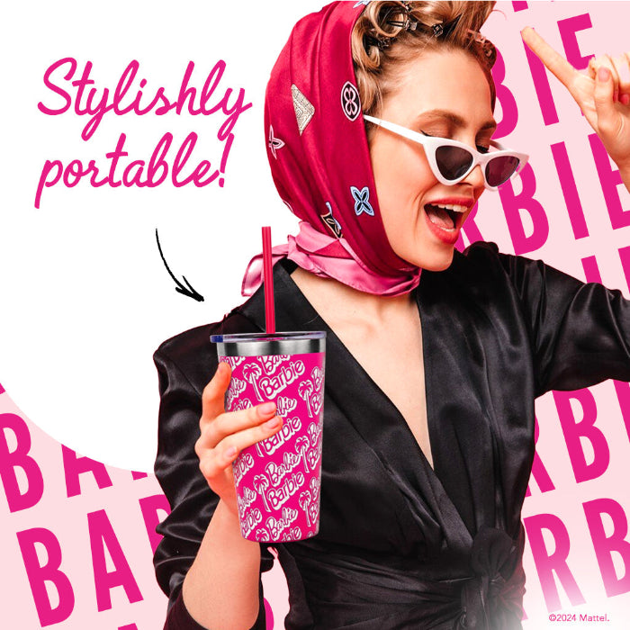 Barbie™ x Dragon Glassware® 16-ounce insulated stainless steel travel tumbler with removable lid and two reusable straws, including one pink and one clear straw.