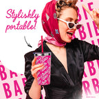 Barbie™ x Dragon Glassware® 16-ounce insulated stainless steel travel tumbler with removable lid and two reusable straws, including one pink and one clear straw.