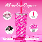 Barbie™ x Dragon Glassware® 16-ounce insulated stainless steel travel tumbler with removable lid and two reusable straws, including one pink and one clear straw.