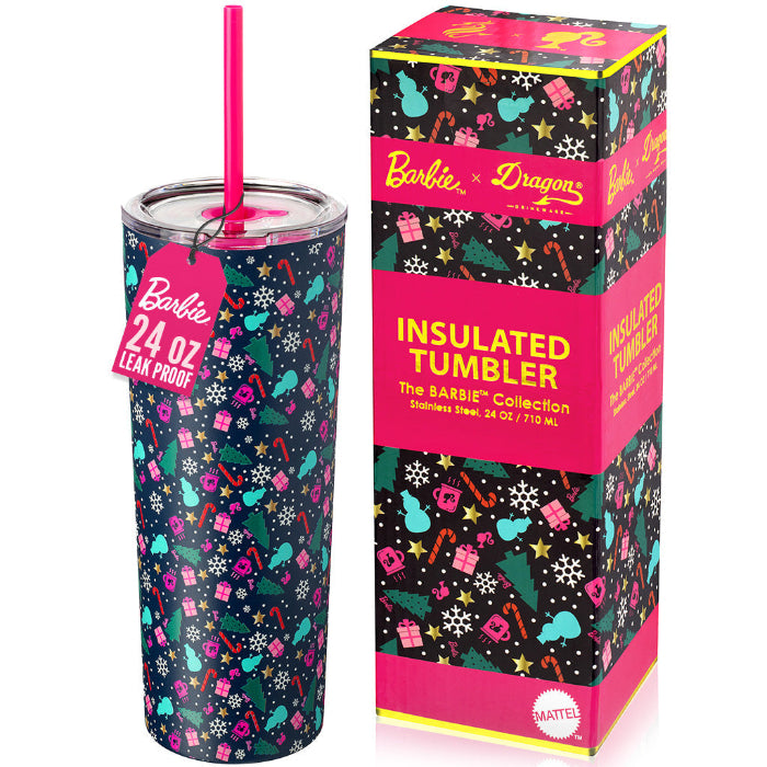 Officially licensed Barbie™ Christmas 24 oz stainless steel tumbler by Dragon Glassware with lid and reusable straws.