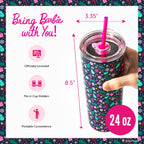 Officially licensed Barbie™ Christmas 24 oz stainless steel tumbler by Dragon Glassware with lid and reusable straws.