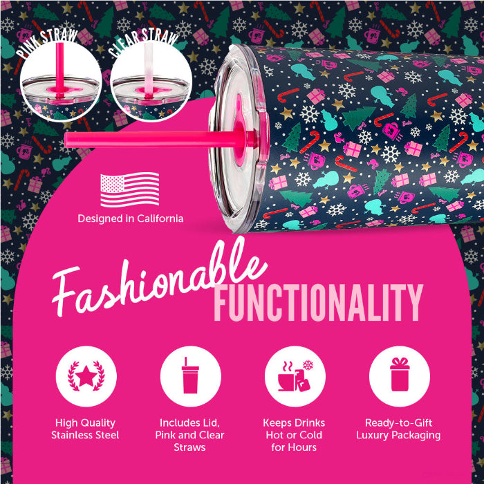 Officially licensed Barbie™ Christmas 24 oz stainless steel tumbler by Dragon Glassware with lid and reusable straws.