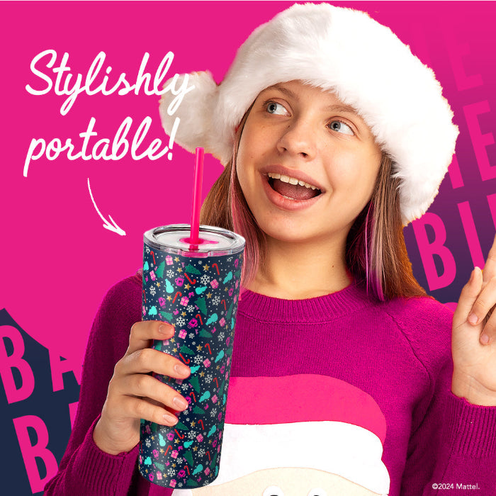 Officially licensed Barbie™ Christmas 24 oz stainless steel tumbler by Dragon Glassware with lid and reusable straws.