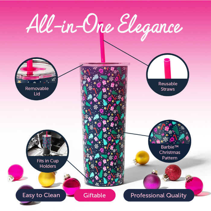 Officially licensed Barbie™ Christmas 24 oz stainless steel tumbler by Dragon Glassware with lid and reusable straws.