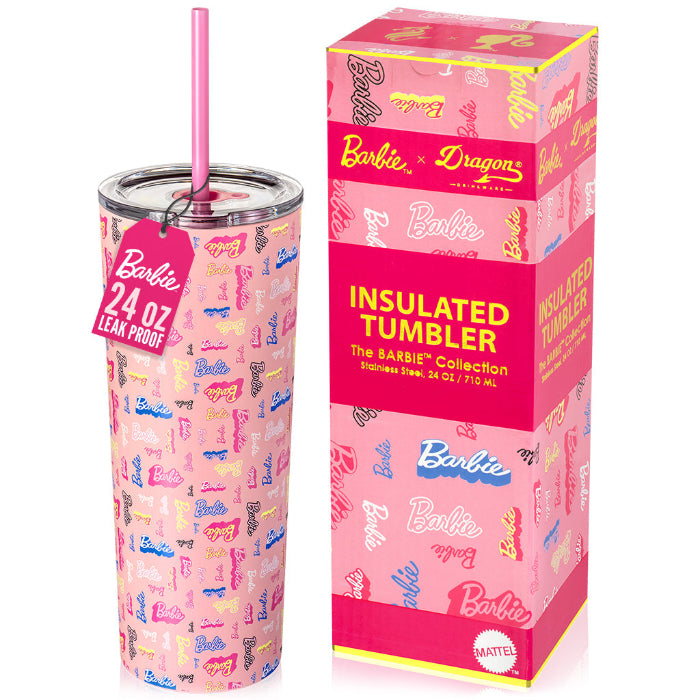 Officially licensed Barbie™ Shine Bright 24 oz insulated stainless steel tumbler by Dragon Drinkware with removable lid, pink straw, and clear straw.