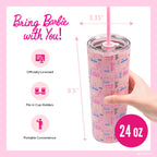 Officially licensed Barbie™ Shine Bright 24 oz insulated stainless steel tumbler by Dragon Drinkware with removable lid, pink straw, and clear straw.