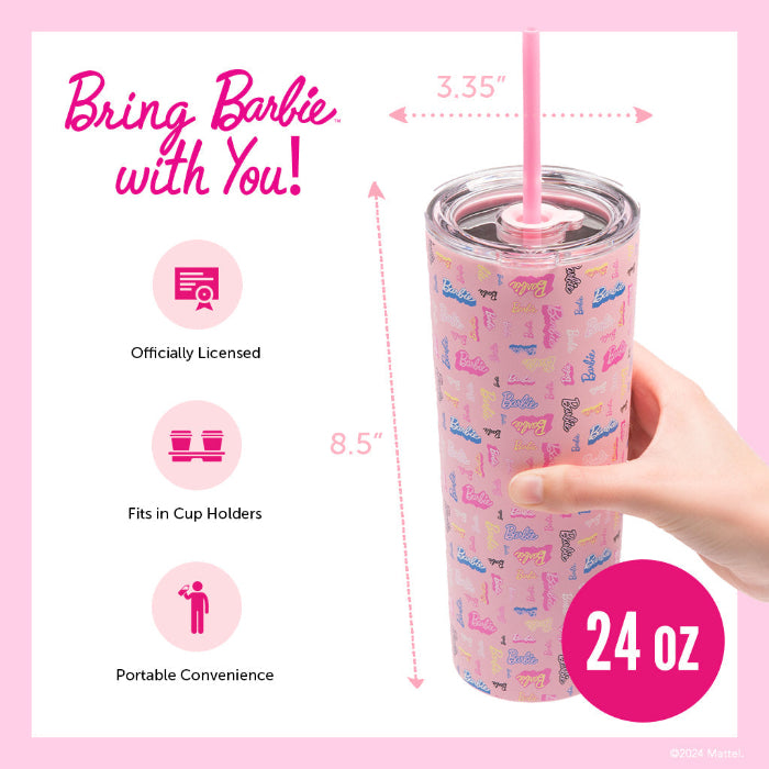 Officially licensed Barbie™ Shine Bright 24 oz insulated stainless steel tumbler by Dragon Drinkware with removable lid, pink straw, and clear straw.