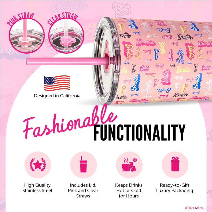 Officially licensed Barbie™ Shine Bright 24 oz insulated stainless steel tumbler by Dragon Drinkware with removable lid, pink straw, and clear straw.