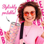 Officially licensed Barbie™ Shine Bright 24 oz insulated stainless steel tumbler by Dragon Drinkware with removable lid, pink straw, and clear straw.