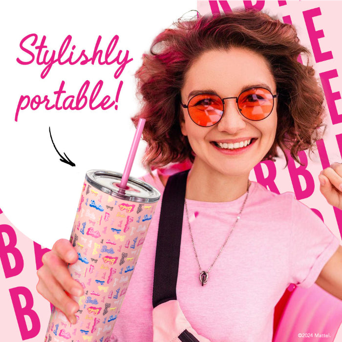 Officially licensed Barbie™ Shine Bright 24 oz insulated stainless steel tumbler by Dragon Drinkware with removable lid, pink straw, and clear straw.