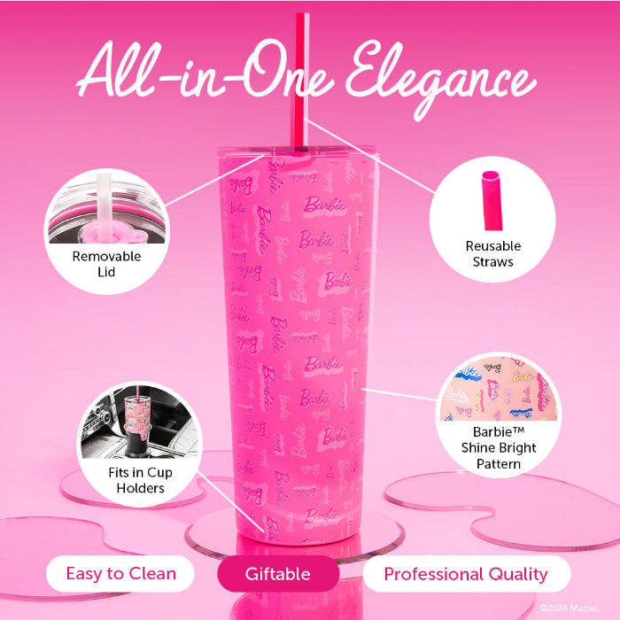 Officially licensed Barbie™ Shine Bright 24 oz insulated stainless steel tumbler by Dragon Drinkware with removable lid, pink straw, and clear straw.
