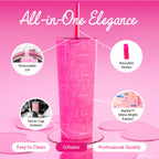 Officially licensed Barbie™ Shine Bright 24 oz insulated stainless steel tumbler by Dragon Drinkware with removable lid, pink straw, and clear straw.