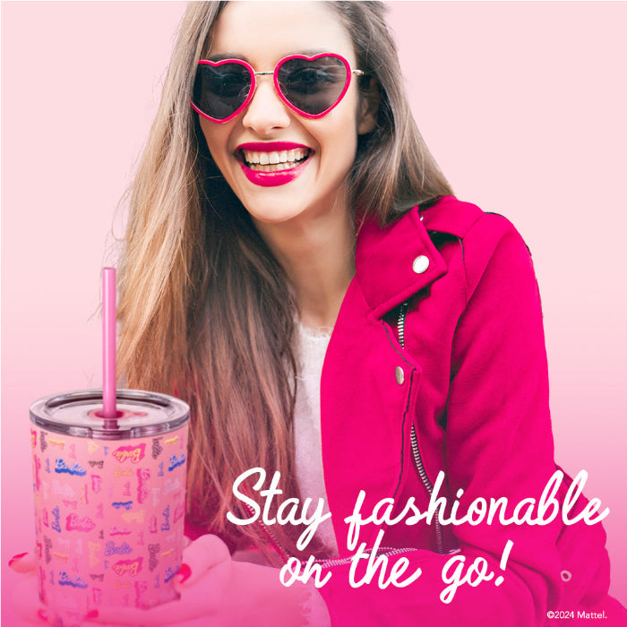 Officially licensed Barbie™ Shine Bright 24 oz insulated stainless steel tumbler by Dragon Drinkware with removable lid, pink straw, and clear straw.