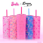 Officially licensed Barbie™ Shine Bright 24 oz insulated stainless steel tumbler by Dragon Drinkware with removable lid, pink straw, and clear straw.