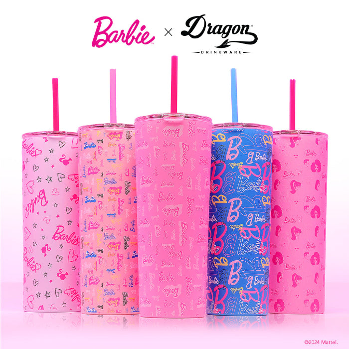 Officially licensed Barbie™ Shine Bright 24 oz insulated stainless steel tumbler by Dragon Drinkware with removable lid, pink straw, and clear straw.
