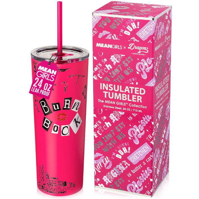 Officially licensed Mean Girls Burn Book 24-ounce insulated stainless steel tumbler with removable lid and two reusable straws.